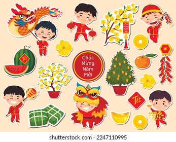  Set of stickers for celebrating Lunar Chinese New Year. Tết-Vietnamese New Year, Vietnamese Lunar New Year or Tet Holiday.	