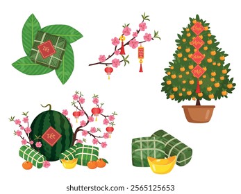 Set of stickers for celebrating Lunar Chinese New Year. Tết-Vietnamese New Year, Vietnamese Lunar New Year or Tet Holiday.