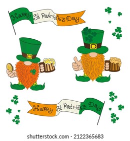 A set of stickers for celebrating St. Patrick's Day, an illustration of a group of elements for decorating the green clover festival, a ribbon flag and a leprechaun as a sign of the Irish holiday