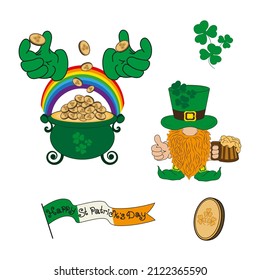 A set of stickers for the celebration of St. Patrick's Day, an illustration of a group of elements for the decoration of the green clover festival and a pot with coins, signs of the Irish holiday