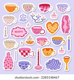 Set of stickers with ceramic household crockery and pottery in the style of 70s. Hand drawn vector doodle illustrations. Different vases, candlesticks, mug and teacups, plate for scandinavian home.