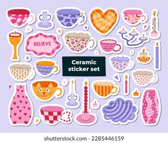 Set of stickers with ceramic household crockery and pottery in the style of 70s. Hand drawn vector doodle illustrations. Different vases, candlesticks, mug and teacups, plate for scandinavian home.