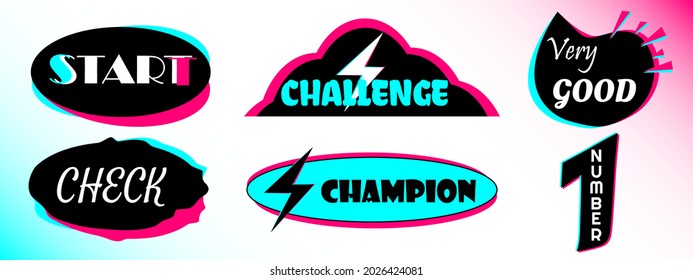 Set of stickers for a challenge in a popular social network. Black - blue  -pink sticker on white background. Modern advertising social media design. Vector illustration