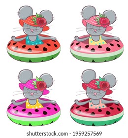 A set of stickers, character mouse girl in an inflatable circle in the form of a watermelon. Multi-colored swimming circle. Mouse in a hat and a swimsuit
