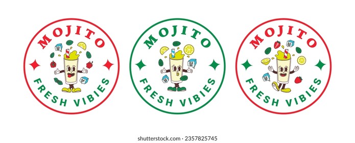 Set of stickers characters of classic and strawberry and raspberry mojito. Isolated vector labels of mascots in groovy comic style on transparent background