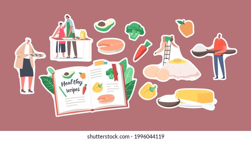 Set of Stickers Characters Cooking Healthy Food, Recipe Book, Men and Women Mixing Ingredients Eggs, Butter and Flour for Cooking Meals, Granny with Fresh Bakery. Cartoon People Vector Illustration