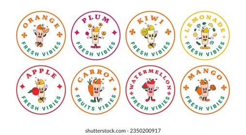 Set of stickers characters of fruit drink from mango, orange, plum, kiwi, lemonade, apple, carrot, watermelon. Isolated vector labels of mascots in groovy comic style on transparent background