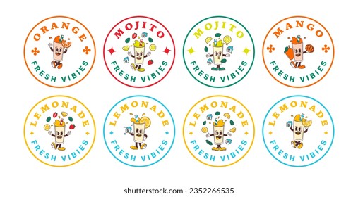 Set of stickers characters of fruit drink from orange, mango, classic and strawberry and raspberry mojito, lemonade. Isolated vector labels of mascots in groovy comic style on transparent background