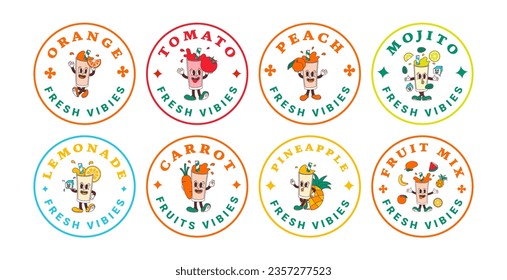 Set of stickers characters of fruit drink from orange, lime, lemonade, mint, tomato, peach, carrot, pineapple, mojito. Isolated vector labels of mascots in groovy comic style on transparent background