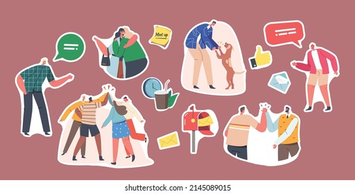 Set of Stickers Characters Greeting Each Other, Saying Hello in Different Manners. Various Hi Gestures Such as Beating Hands, Girlfriends Hugging, Man Play with Dog. Cartoon People Vector Illustration