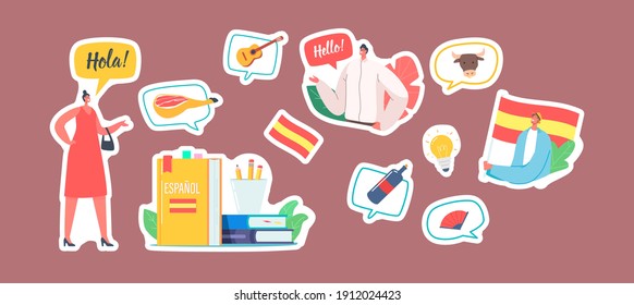 Set of Stickers Characters Learn Spanish Language Course. Woman Say Hola, Man with Flag of Spain, Textbook, Wine Bottle and Fan, Education, Light Bulb, Espanol Lesson. Cartoon Vector Illustration