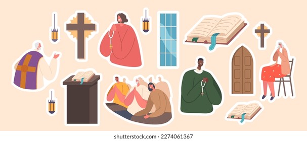 Juego de personajes de stickers que rezan en la Iglesia Católica, el sacerdote que dirige el servicio. Libro de la Biblia, parches de vectores pulpit