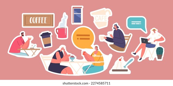 Set of Stickers Characters Sitting, Chatting And Enjoying Coffee In Cozy Street Cafe. Ambiance And Social Atmosphere