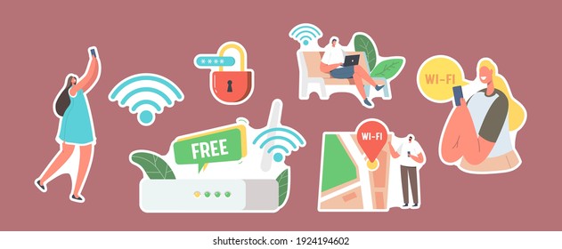 Set of Stickers Characters use Internet on Laptop and Smartphone via Wifi Wireless Router Connection. Modern Network Technology, Free Wi-fi Hotspot, Map Geolocation. Cartoon People Vector Illustration