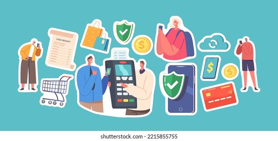 Set of Stickers Characters Use Safe Contactless Payment. Buyers with Credit Cards and Smartphones. People Making Secure Cashless Purchases Online, Paying via Pos Terminal. Cartoon Vector Patches