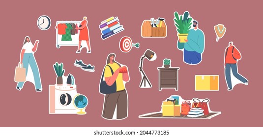 Un conjunto de personajes de los stickers que visitan el mercado de pulgas, tiendas de antigüedades. Venta de Garaje, Bazar Retro con Viejas Cosas, Compradores Compra Ropa, Libros y Muebles. Ilustración de vectores de personas de caricatura