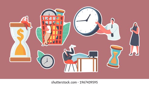Set of Stickers Characters Wasting Time and Money Concept. Procrastinating Businesspeople, Employee Sitting at Workplace with Legs on Office Desk Postponing Work. Cartoon People Vector Illustration