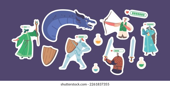 Set of Stickers Characters Wearing Virtual Reality Headset and Fantasy Costumes Playing Mmorpg Video Game. 3d Digital World, Futuristic Technology, Gaming Online. Cartoon Vector Illustration, Patches