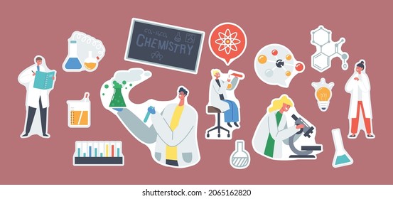 Set of Stickers Chemistry Experiment. Schoolkids with Microscope, Notebook and Test Tube, Teacher Holding Beaker with Reagent Liquid. Characters Conduct Chemical Research. Cartoon Vector Illustration