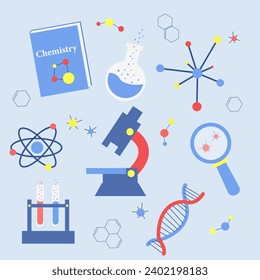 set of stickers of chemistry items, dna, flask, microscope, book, atoms, molecules, vector illustration