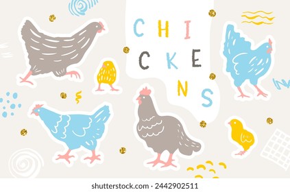 Set of stickers with chickens. Gold glitter and hand drawn elements. Collection for Easter decor and more. Vector illustration