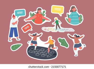 Set of Stickers Children Boys and Girls Characters Play Hopscotch Game at House Yard. Friends Spend Time Together on Playground. Happy Kids Summer Vacation Activity. Cartoon People Vector Illustration