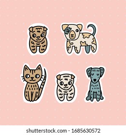 Set of stickers for children with cats and dogs on a pink background for a store, nursery, shelter