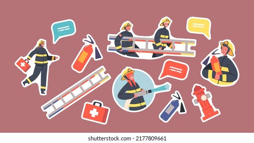 Set von Aufklebern Kinder Feuerwehrleute Zeichen in Uniform, Leiter, Erste Hilfe Kit, Feuerwehrmann Kinder Feuerwehrmannschaft kämpfen mit Blaze Spray Wasser aus Schlauch. Vektorgrafik von Cartoon People