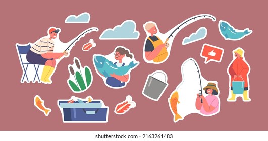 Set Of Stickers Children Fishermen With Rod, Big Fish And Bucket Isolated Patches. Kids Fishing Fun On Pond, Boys And Girls Characters Summer Recreation On Nature. Cartoon People Vector Illustration