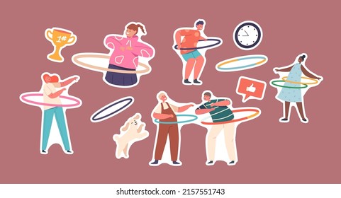 Set of Stickers Children Fun with Hula Hoop, Boys and Girls Characters Rolling Rings on Waist. Kids Active Sparetime, Summertime Recreation, Activity or Sport. Cartoon People Vector Illustration