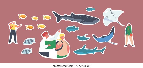 Set of Stickers Children in Oceanarium, Little Characters Learn Marine Flora and Fauna, Underwater and Sea Animals Variety. Kids Looking at Ocean Fishes in Aquarium. Cartoon People Vector Illustration