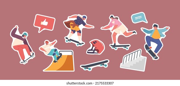 Set of Stickers Children Skating on Longboards. Teen Kids Skaters, Boys and Girls, Protective Helmet, Quarter Pipe Ramp, Children Sport Stunts and Tricks on Skateboards. Cartoon People Vector Patches