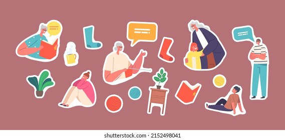 Set of Stickers Children Visit Grandmother. Granny Reading Book, Knit Socks and Hugging with Grandchildren. Happy Family Characters Loving Relations, Togetherness. Cartoon People Vector Patches