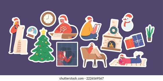 Set of Stickers Children Write Letter to Santa Claus. Little Boys and Girls Wear Red Hats Writing Wish List. Fire Place, Decorated Christmas Tree, Snowman, Gift Box Cartoon Vector Patches Pack