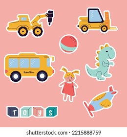 A set of stickers for children's toys. Ball, bus, car, doll, dinosaur