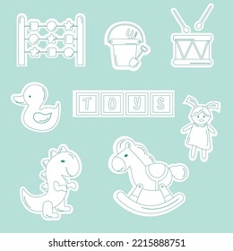 A set of stickers for children's toys outline. Pony, doll, dice, duck, dinosaur, drum