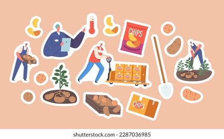 Set Of Stickers Chip Manufacturing Process, Food Industry Patches. Farmer With Crop, Worker With Tablet, Raw Potato