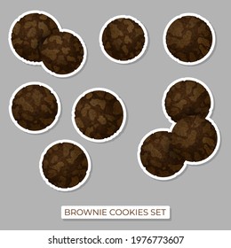 Set of stickers with chocolate cookies brownie and white borders. Vector illustration for postcard greeting card, banner, web, advertising, menu, articles.