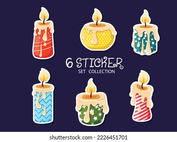 Set Of Stickers Christmas Burning candle. Symbol of happy new year. christmas celebration, winter. Vector card flat design. Vector illustration. New Years and Christmas
