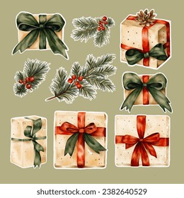 Set of stickers for Christmas decor. Gifts decorations in vintage style, great for scrapbooking