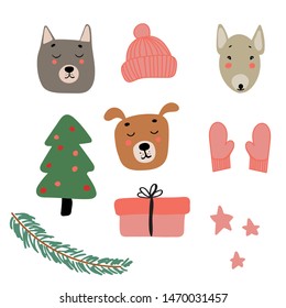 set for stickers of christmas dogs with gifts and christmas tree 