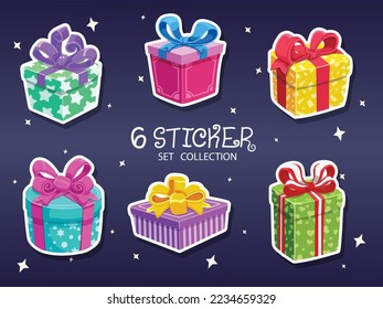 Set Of Stickers Christmas Gift. Symbol of happy new year. Christmas gift, ribbon, happy new year, happy birthday. Vector illustration. Vector card flat design