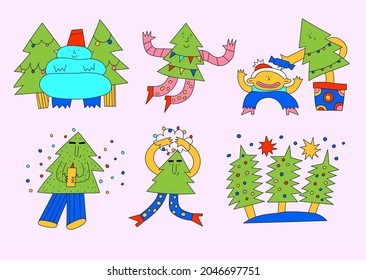 set of stickers for Christmas - a Christmas tree is dancing, jumping, having fun, giving gifts. Merry New Year character. Psychedelic spruce tree.