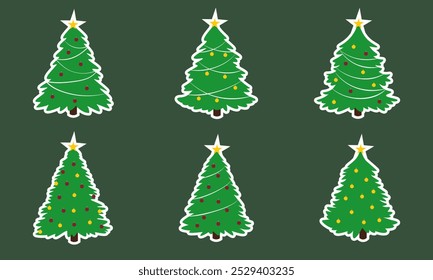 Set of stickers of Christmas trees with lush branches, decorated with balls