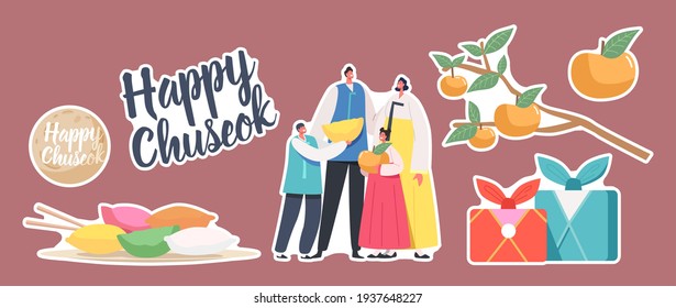 Set of Stickers Chuseok Tteok Korean Tradition Theme. Characters Wearing Traditional Costumes Hanbok, Songpyeon Rice Cakes and Persimmon Fruits on Tree Branch, Moon. Cartoon People Vector Illustration