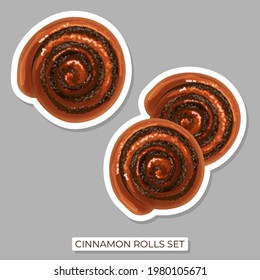 Set of stickers with cinnamon or poppy seeds, chocolate rolls and white borders. Vector illustration for postcard greeting card, banner, web, advertising, menu, articles.