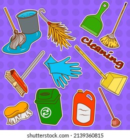 Set of stickers for cleaning equipment in the house.  Dustpans, trash bins, brooms, mops, gloves, toilet cleaner, broomsticks, and cleaning brushes.  Doodle vector illustration.