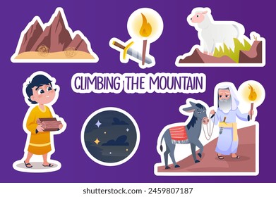 Set of stickers Climbing the mountain in flat cartoon design. The boy Isaac, Abraham, the animals, and the way to the mountain they are heading are depicted in this illustration. Vector illustration.