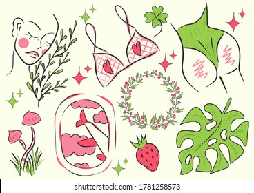 A set of stickers. Clip Art. Face, girl, clover, set, stickers, badges, logo, strawberry, wreath, monstera, bra, plane, mushrooms, strawberry.