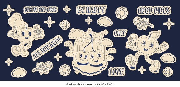 A set of stickers of a clockwork retro cartoon berry Cherry in a monochrome palette of 80s 90s 2000s. Comic, funny, with a stylish character, vintage. Vector illustration.